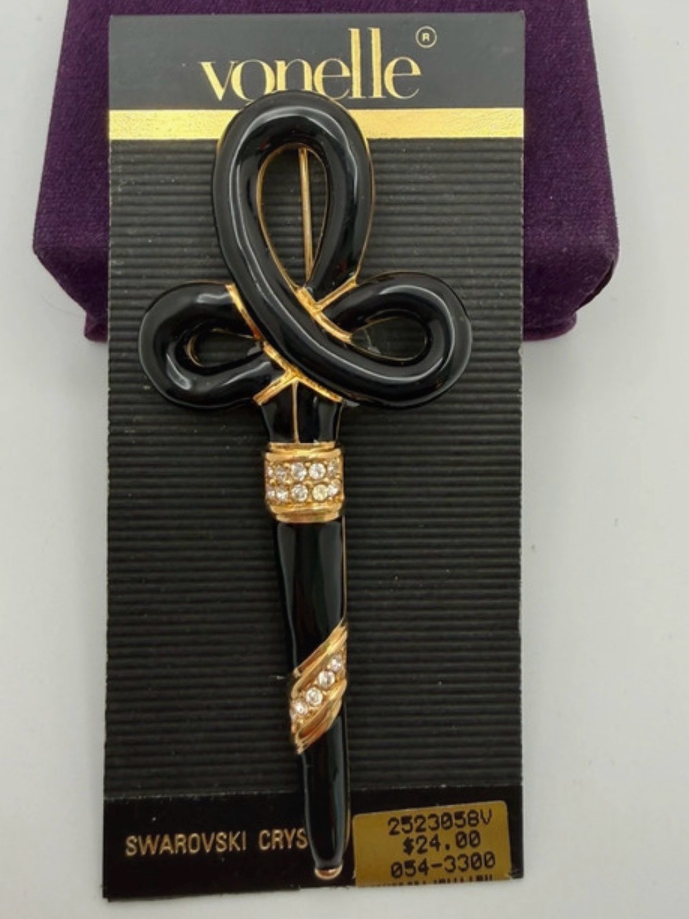 Vonelle Swan Signed Black & Gold Enamel Brooch with Crystal Accents